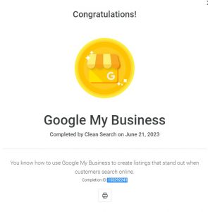 Google My Business Certificate of Completion for CleanSearch